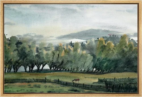 Vista 37 de wall26 Lienzo enmarcado de arte de pared, acuarela en tonos pastel, pino, árbol, bosque, lago, naturaleza, ilustraciones de área silvestre, arte