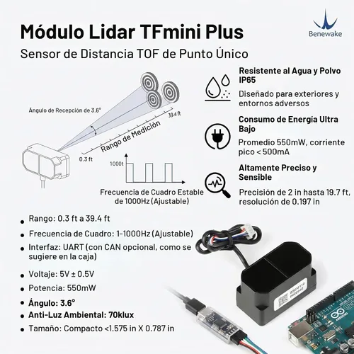 Vista 5 de TFmini Plus Lidar Módulo de un solo punto TOF TF mini Plus Sensor de rango láser 0.3 ft ~ 39.4 ft 1-1000Hz IP65 Sensor de distancia a prueba