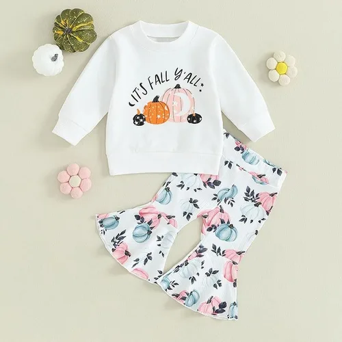 Vista 3 de Conjunto de sudadera de Halloween con cuello redondo y manga larga para niña, 2 años, de algodón cálido, con texto en inglés "Love
