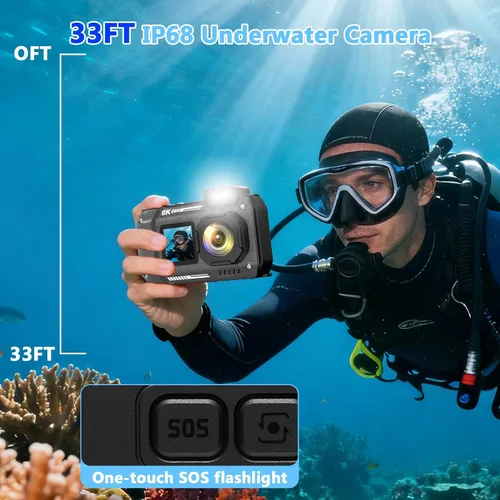 Vista 3 de Cámara Digital Impermeable 8K para Esnórquel: 70MP 33FT Cámara Subacuática Compacta Resistente HD de Doble Pantalla con Zoom de 18X Selfie, Tarjeta