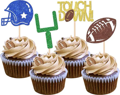 Vista 9 de Oh Baby - Juego de 24 adornos para cupcakes de fútbol americano con purpurina para decoración de cupcakes de fútbol americano para superrugby