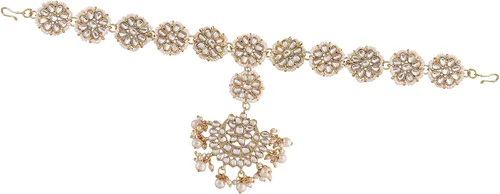 Vista 5 de I Jewels Gifts For Her 18k Gold Plated Indian Wedding Bollywood Floral Kundan Pearl Studded Rajasthani SheeshphoolMathapatti for Women (T206-7)