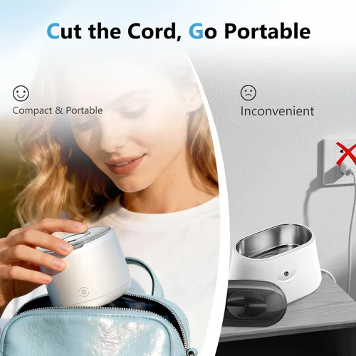 Vista 7 de Máquina limpiadora ultrasónica recargable, 46 kHz portátil de limpieza dental para protectores bucales nocturnos, aparatos ortopédicos, joyas
