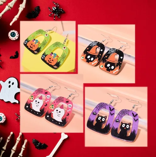 Vista 5 de Adoshine 4 pares de aretes de Halloween para mujeres y niñas, brujas espeluznantes, calabaza, telaraña, esqueleto, fantasma, gato negro, ligeros