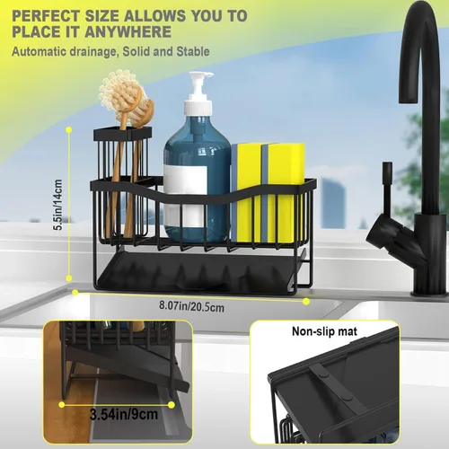 Vista 5 de Fssvcd Maifan Organizador de Fregadero para Cocina con Soporte para Cepillo y Bandeja Autodrenante de Acero Inoxidable, Organizador de Fregadero