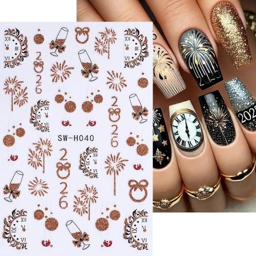 Vista 2 de Calcomanías de uñas de Navidad, calcomanías de uñas de invierno 3D, autoadhesivas, coloridas, cadena de luces, árbol de Navidad, reno, diseño