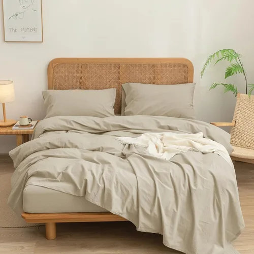 Vista 3 de BESTOUCH Juego de sábanas 100% algodón lavado, tacto de lino, súper suave, cómodo, elegante, ligero, juego de ropa de cama de 3 piezas, color gris