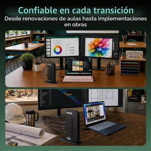 Vista 3 de Plugable Estación de acoplamiento dual DisplayPort y HDMI - Dock USB 3.0 y USB-C para portátil para monitores duales, DisplayLink, Mac