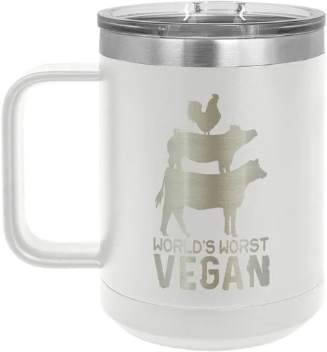 Vista 19 de Worlds Worst - Taza de café vegana negra de 15 onzas con tapa superior deslizante, taza de café de viaje aislada Idea de regalo para barbacoa