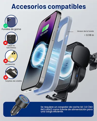 Vista 6 de ZeeHoo Cargador inalámbrico para automóvil, carga rápida de 15 W, soporte de teléfono de auto con sujeción automática, cargador de teléfono celular