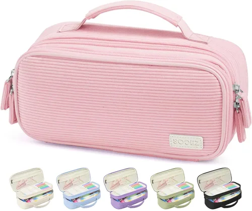 Vista 10 de Sooez Estuche grande para lápices, estuche de pana suave con asa, bonito estuche para bolígrafos, 5 compartimentos, organizador de amplia apertura
