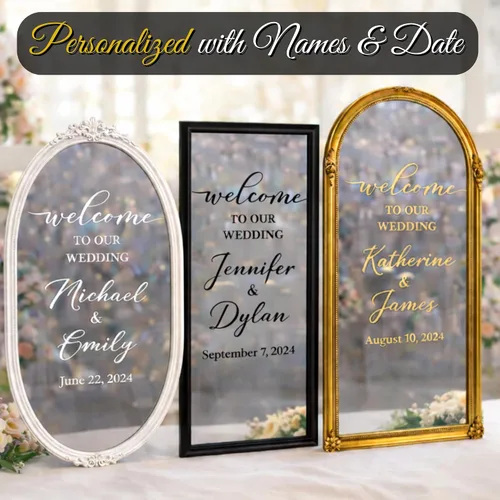 Vista 6 de Calcomanía con texto en inglés "Welcome to Our Wedding Mirror" – Soon to Be Mr & Mrs - Calcomanía de espejo personalizable – Just Married