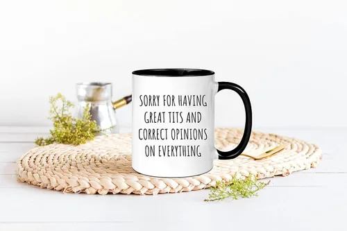 Vista 4 de wonwhew Taza divertida, siento tener grandes tetas y opiniones correctas sobre todo, para colega, amigo, taza de oficina, taza de café de cerámica