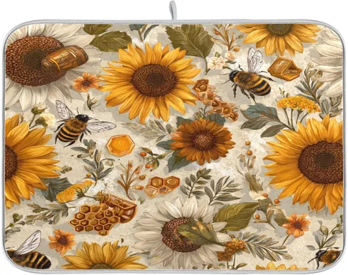 Vista 41 de Tapete de secado de platos de primavera naranja con flor de amapola para encimera de cocina, tapete escurridor absorbente de microfibra, tapete