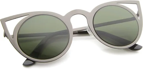 Vista 22 de zeroUV Gafas de sol redondas de metal recortadas con lente de espejo de ojo de gato para mujer