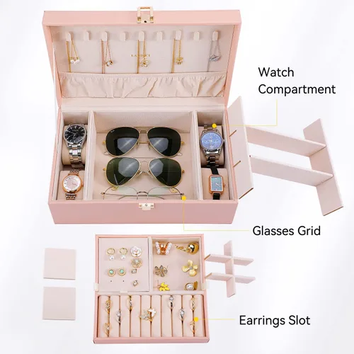 Vista 4 de LANDICI Joyero organizador para mujeres y niñas, caja grande de 2 capas para reloj con bandeja extraíble, soporte de almacenamiento de joyas de piel