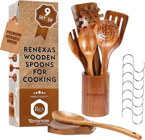 Vista 8 de Juego de utensilios de cocina de madera de teca para cocinar, cucharas