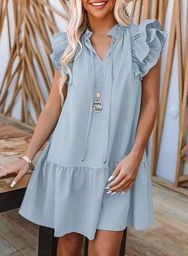 Vista 4 de Dokotoo Vestido corto de verano para mujer con cuello en V, cordón y volantes, manga corta, bolsillos laterales, mini vestido de verano