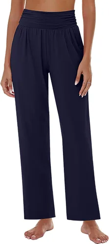 Vista 8 de 3 piezas de pantalones de yoga de pierna ancha para mujer, pantalones de descanso de cintura alta con bolsillos, pantalones deportivos de yoga