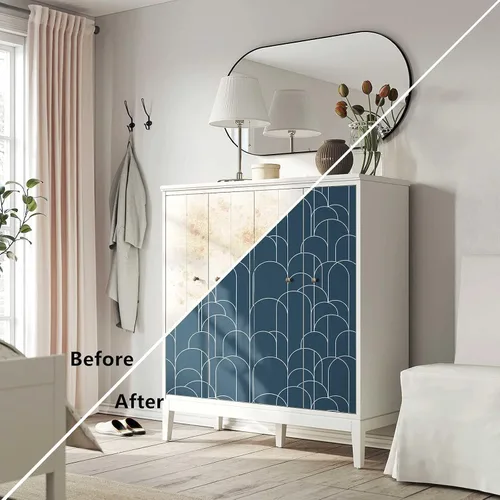 Vista 6 de LXCREAT Papel tapiz azul despegar y pegar, papel tapiz geométrico moderno, 17.71 in X 118 in, papel de contacto autoadhesivo removible mate, fácil