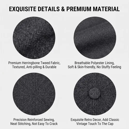 Vista 3 de Mens Classic Wool Blend 8 Panel Newsboy Flat Cap Vintage Herringbone Tweed Hat Cabbie Cap Conducción Caza Cap (negro)