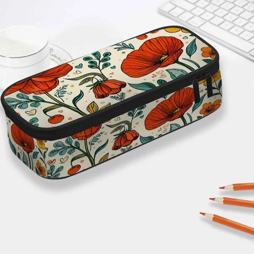 Vista 2 de Yekiua Bolsa Floral para Lápices, Flor Silvestre en Plena Floración, Hojas, Alta Capacidad, Bolsa para Artículos de Papelería, Bolsa