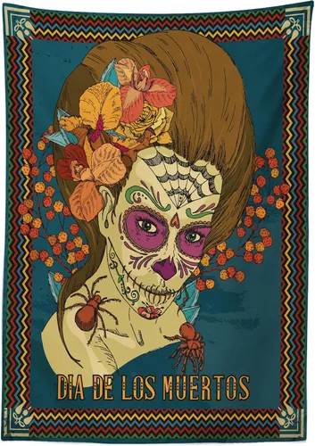 Vista 5 de Ambesonne Mantel del Día de los Muertos, Dia de Los Muertos, estampado de niña con corazones de rosas, mantel rectangular para decoración de comedor