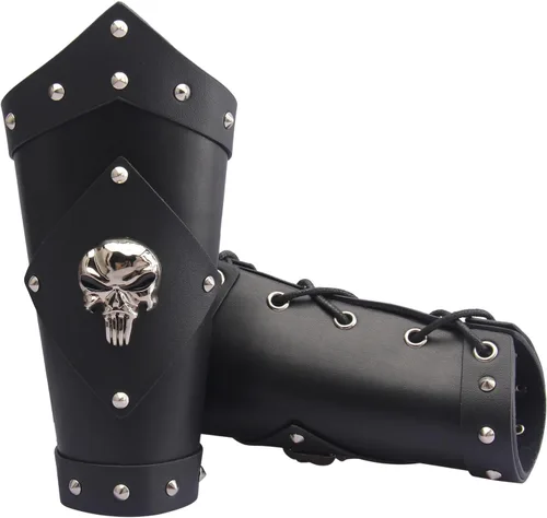 Vista 3 de Jeilwiy Brazaletes vikingos medievales de cuero, brazaletes de armadura de brazo, brazalete de cuero, guantelete punk para hombres y mujeres