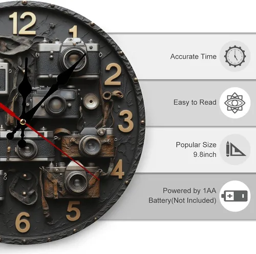 Vista 2 de Relojes retro con impresión de cámara para sala de estar, relojes de pared con pilas, silenciosos, sin tictac, 10 pulgadas, impresión 2D, reloj