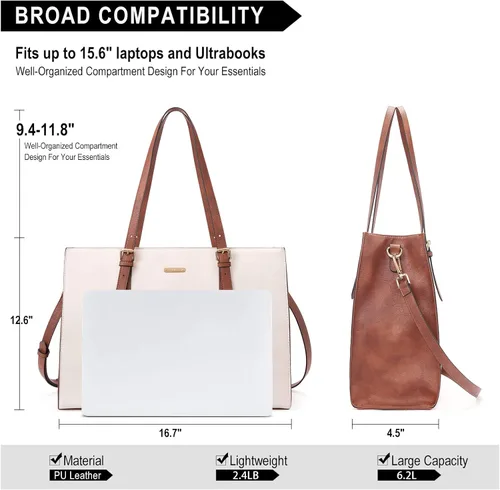 Vista 3 de CLUCI Bolsa de cuero para laptop de 15.6 pulgadas, maletín para mujer, bolso de hombro grande para oficina, escuela, viajes