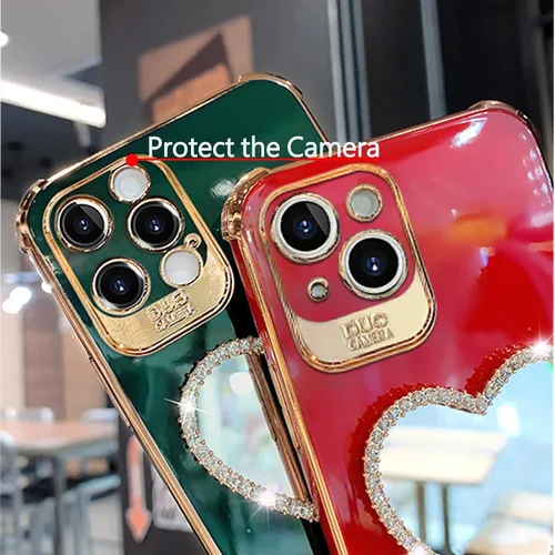Vista 3 de Funda para teléfono con espejo de maquillaje, lujosa funda con marco en forma de corazón, bonita funda protectora brillante para iPhone, Blanco