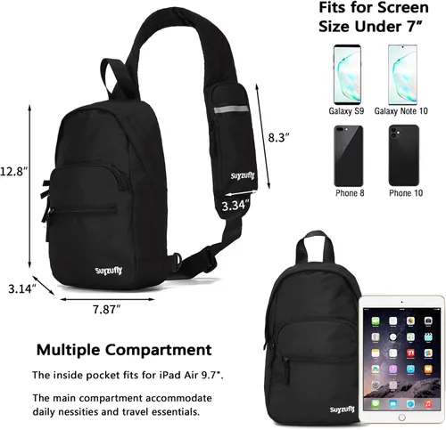 Vista 2 de Suyzufly Bolso bandolera pequeño para hombres y mujeres, resistente al agua, con una correa, bolso cruzado en el pecho para senderismo y viajes