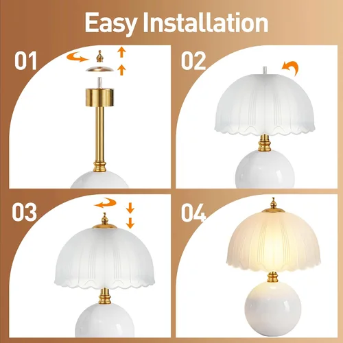 Vista 7 de PARTPHONER - Lámpara de mesa de hongo, lámpara de mesita de cerámica con pantalla de vidrio, iluminación de 3 vías (2700K-5000K) con interruptor