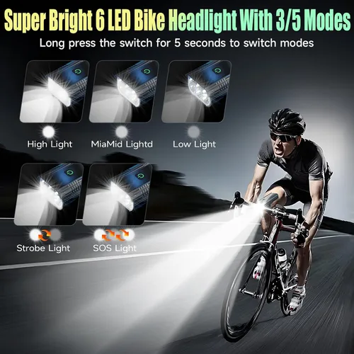 Vista 2 de Luces de bicicleta de 5800 lúmenes, 6 luces LED recargables para bicicleta Super Bright,10 Mode Headlight Taillight, 360° Rotatable Bracket