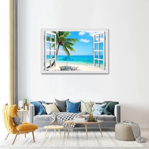 Vista 6 de Woxfcart Lienzo decorativo para pared, diseño de palmera de playa, ventana falsa, océano tropical, paisaje natural, impresiones de imágenes