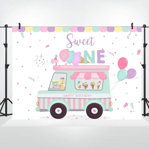 Vista 2 de Lofaris Telón de fondo para tienda de helados con texto en inglés «Happy Birthday» Sweet One Summer Baby Girls Party Photography Background 1st