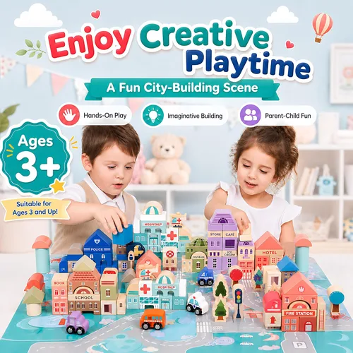 Vista 8 de Juego de bloques de construcción de madera, apilador de construcción de ciudad, juguetes educativos de aprendizaje preescolar, juguetes para niños