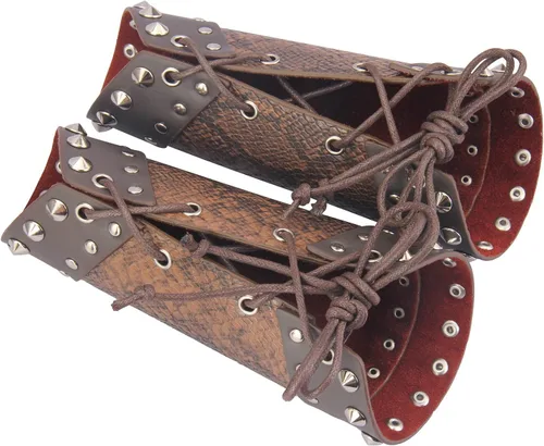 Vista 5 de JAOYU Brazaletes de cuero para hombre, armadura de brazo, brazalete de guantelete, brazaletes medievales, joyería vikinga para mujer, disfraz