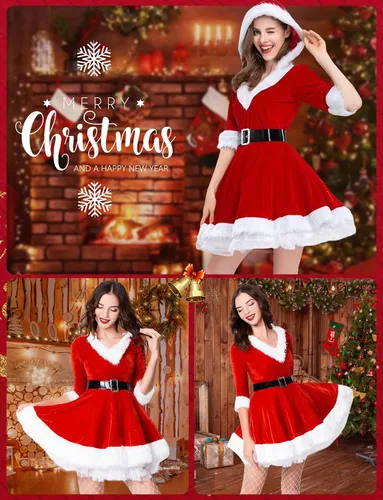 Vista 2 de FEOYA Disfraz de Papá Noel para mujer para celebraciones festivas con sombrero de capa