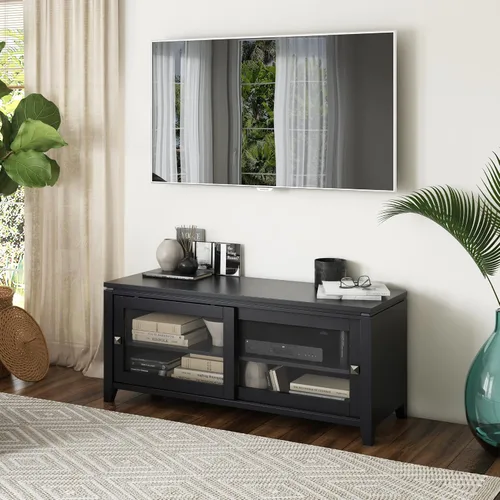 Vista 2 de Soporte Cosmopolitan de SIMPLIHOME de madera maciza negra de 48 pulgadas para televisores de hasta 50 pulgadas de ancho