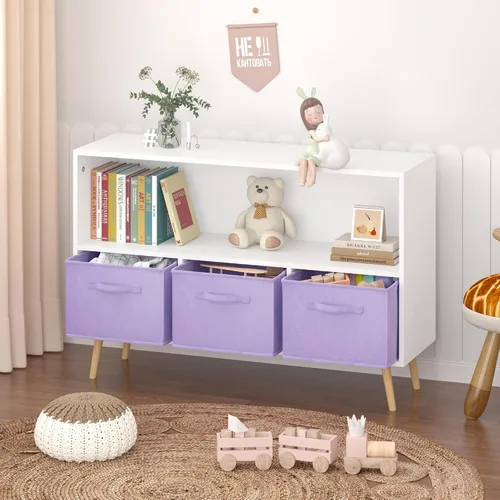 Vista 11 de Estantería infantil con 3 cajones de tela plegables, organizador de almacenamiento de juguetes con múltiples estantes para niñas y niños, habitación