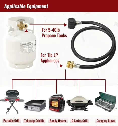 Vista 3 de CALPOSE Manguera adaptadora de propano de 3 pies, adaptador de 1 libra a 20 libras que convierte electrodomésticos de 1 libra en tanques de 5 a 40
