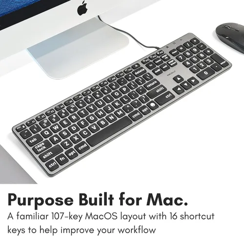 Vista 6 de Teclado con cable Macally para Mac (USB C + A) - Letra grande e retroiluminada para Apple - Teclado USB C de 107 teclas de tamaño completo