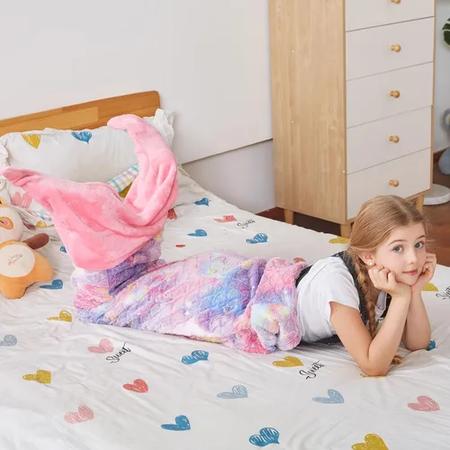 Vista 4 de Catalonia Manta de cola de sirena para niñas, saco de dormir de sirena que brilla en la oscuridad para niños de 3 a 14 años, regalo de sirena