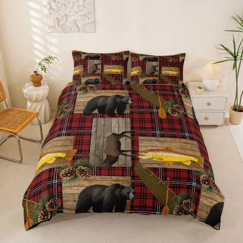 Vista 9 de Funda de edredón de cabaña marrón retro, juego de ropa de cama de retazos con diseño de oso del bosque, ciervos para cabaña rústica, funda de Multi