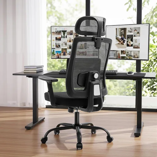 Vista 2 de Shintenchi Silla de oficina de malla, silla ergonómica de escritorio de oficina en casa con soporte lumbar ajustable, reposacabezas, inclinación