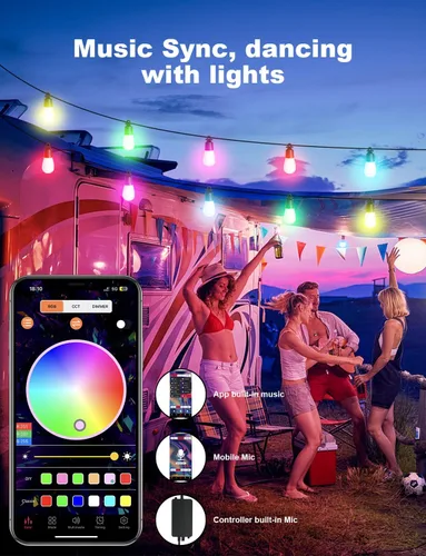 Vista 4 de Tira de luces para exteriores con control remoto, 118 (98 + 12) pies, RGB+IC+luz blanca cálida para exteriores, 36 bombillas LED, no extensibles