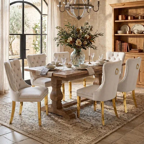 Vista 82 de SoarFlash Juego de 2 sillas de comedor de terciopelo, silla lateral de respaldo alto, silla lateral moderna tapizada de alta gama con botones Beige