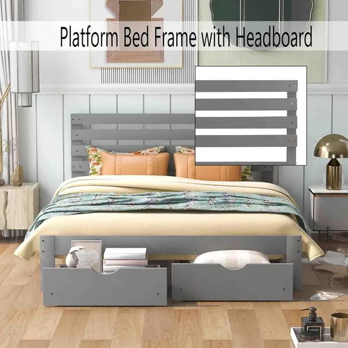 Vista 5 de Base de cama Queen con cajón de almacenamiento, base de cama de plataforma con cabecero, cámaras de base de colchón, soporte de listones de madera