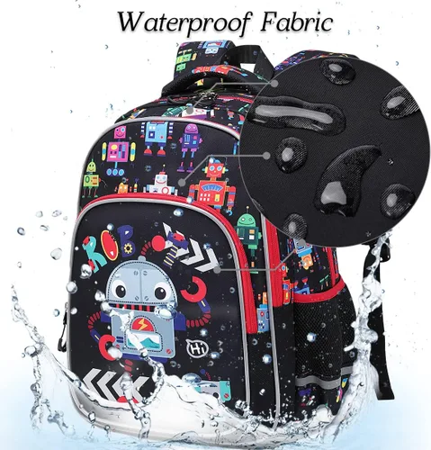 Vista 4 de Moonmo Mochila para niños para preescolar primaria, gran capacidad con múltiples compartimentos, mochila escolar ligera, negro, (Black Robot)